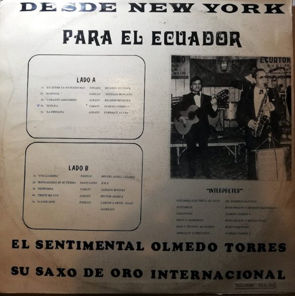 Disco de Vinilo Olmedo Torres - El Sentimental Olmedo Torres Y Su Saxo De Oro Internacional Vinyl Record