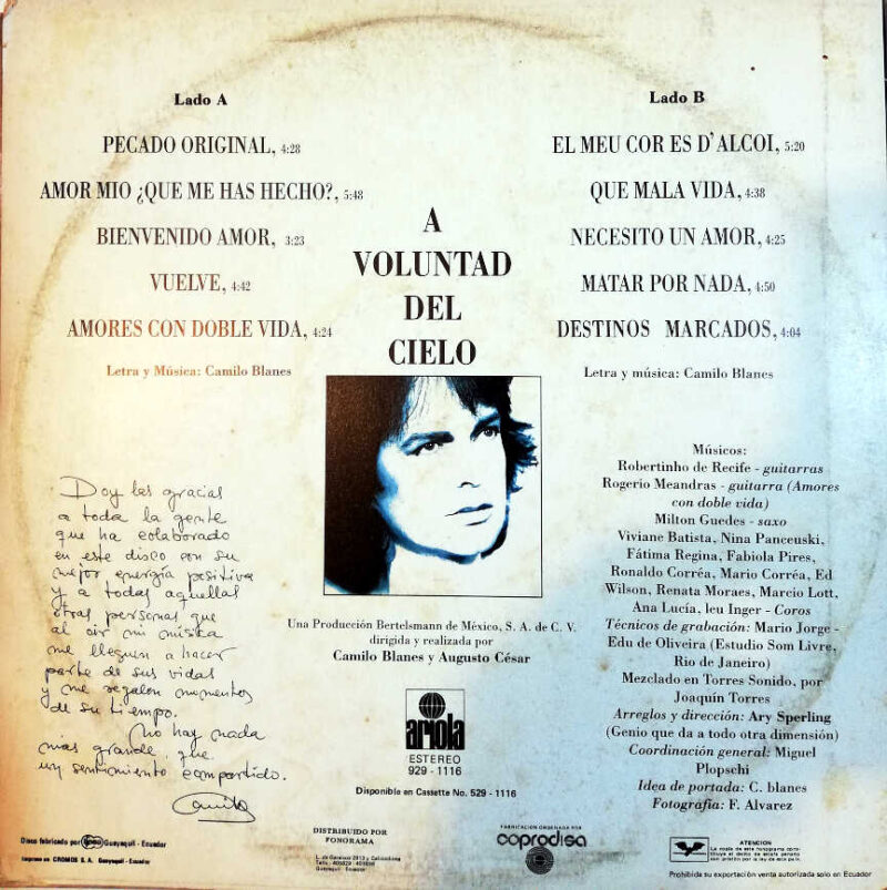 Disco de Vinilo Camilo Sesto - A Voluntad Del Cielo Vinyl Record