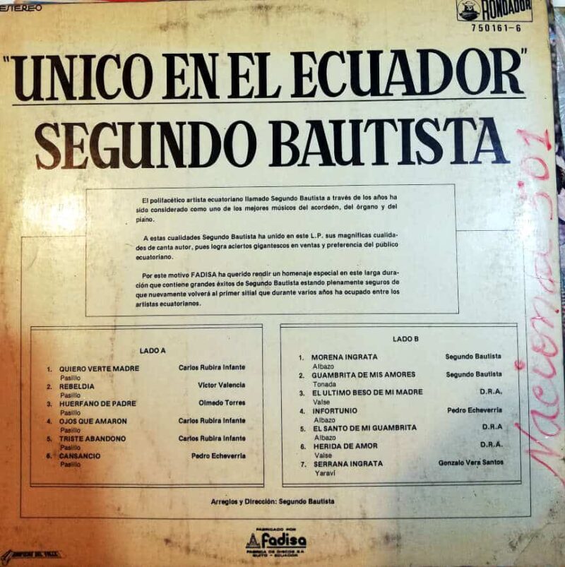 Disco de Vinilo Segundo Bautista - Único en el Ecuador Vinyl Record