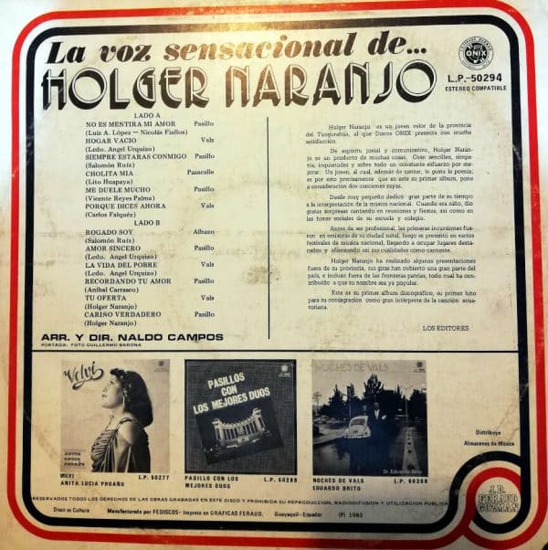 Disco de Vinilo Holger Naranjo - La voz sensacional Vinyl Record