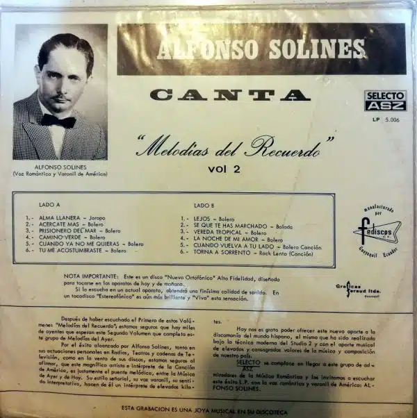 Disco de Vinilo Alfonso Solines - Melodías del Recuerdo Vol 2 Vinyl Record