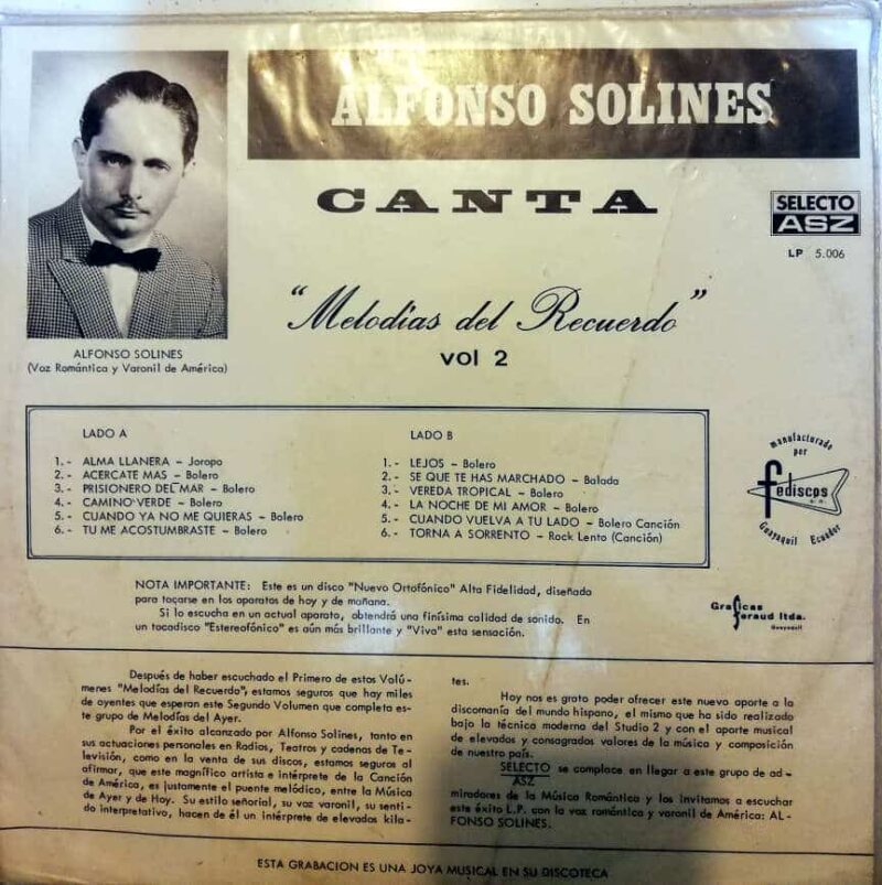 Disco de Vinilo Alfonso Solines - Melodías del Recuerdo Vol 2 Vinyl Record