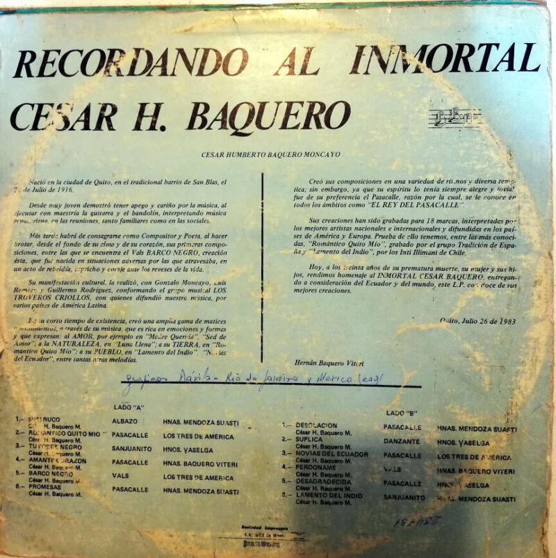 Disco de Vinilo César H Baquero - Recordando al inmortal Vinyl Record