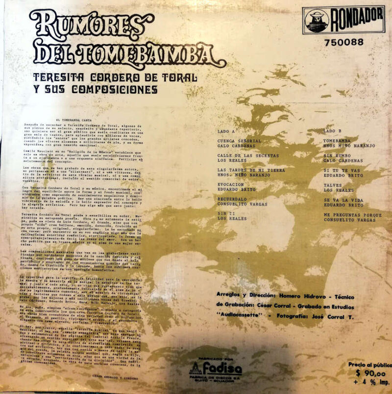 Disco de Vinilo Teresita Cordero de Toral - Rumores del Tomebamba Vinyl Record