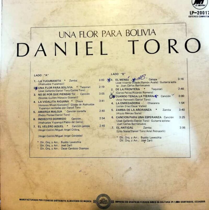 Disco de Vinilo Daniel Toro - Una flor para Bolivia Vinyl Record