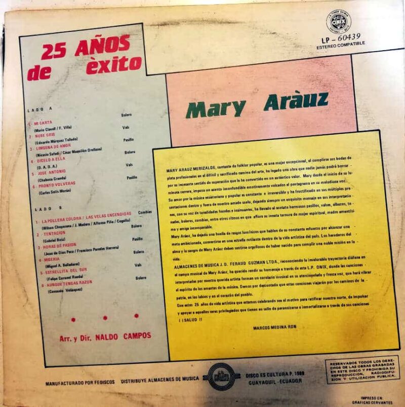 Disco de Vinilo Mary Arauz - 25 años de Éxitos Vinyl Record