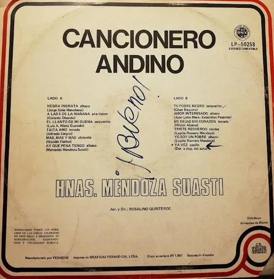Disco de Vinilo Hermanas Mendoza Suasti - Cancionero Andino Vinyl Record