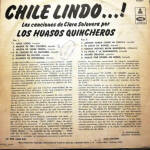 Disco de Vinilo Los Huasos Quincheros - Chile Lindo...! Las Canciones De Clara Solvera Vinyl Record