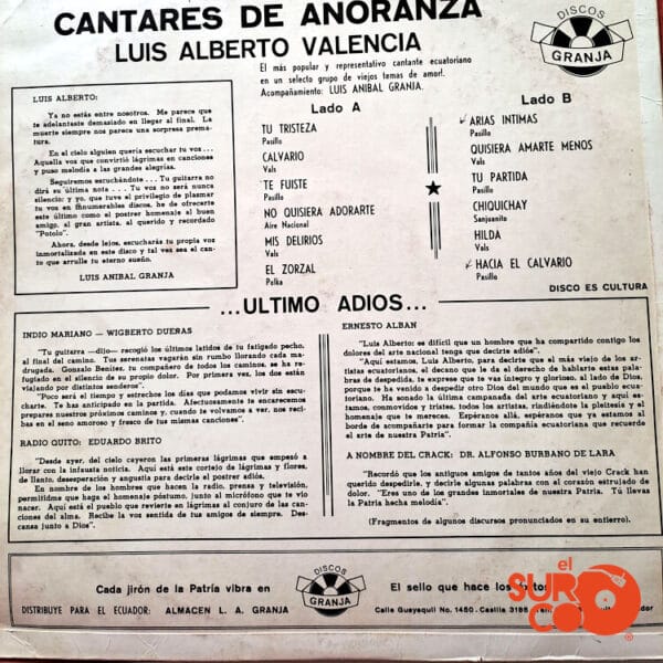 Disco de Vinilo Luis Alberto Valencia - Cantares De Añoranza Vinyl Record