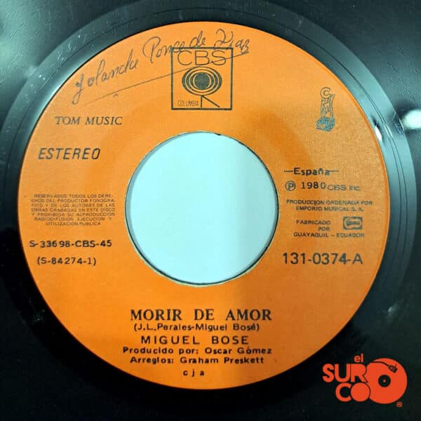 Disco de Vinilo Miguel Bosé - Morir De Amor / Amante Perdedor Vinyl Record