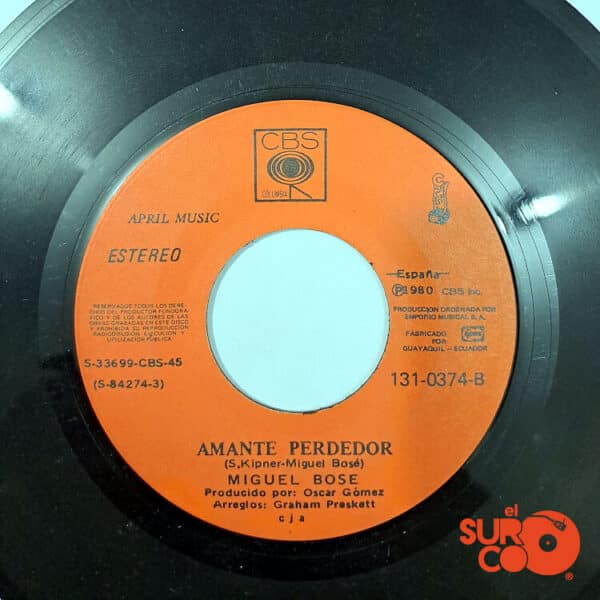 Disco de Vinilo Miguel Bosé - Morir De Amor / Amante Perdedor Vinyl Record