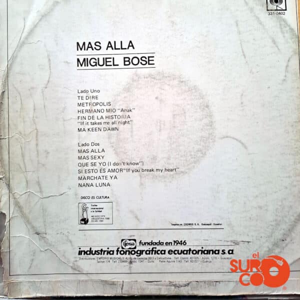 Disco de Vinilo Miguel Bosé - Más Allá Vinyl Record