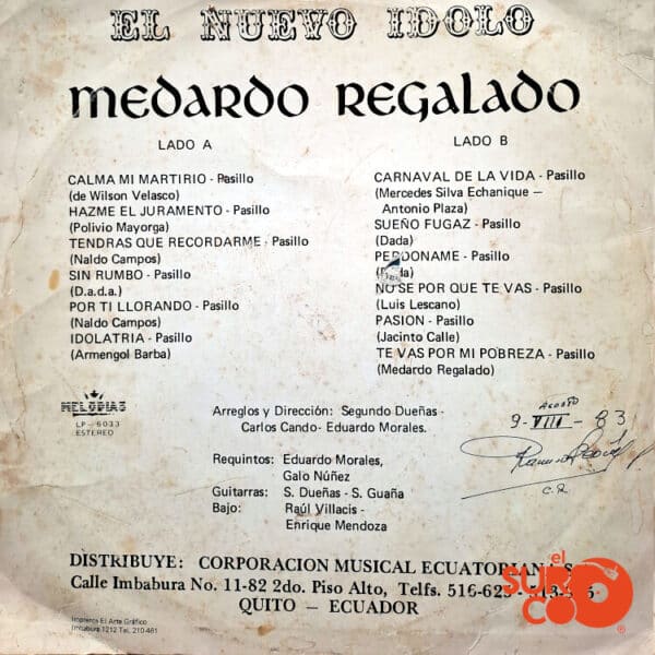 Disco de Vinilo Medardo Regalado - El Nuevo Ídolo Vinyl Record