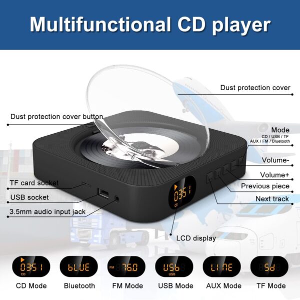 Reproductor de CD con Bluetooth, Radio FM y Control Remoto