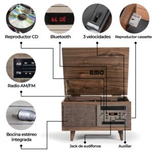 Tocadiscos Retro 8 en 1 RMC T15 con Bluetooth, CD, Cassette y Radio AM/FM